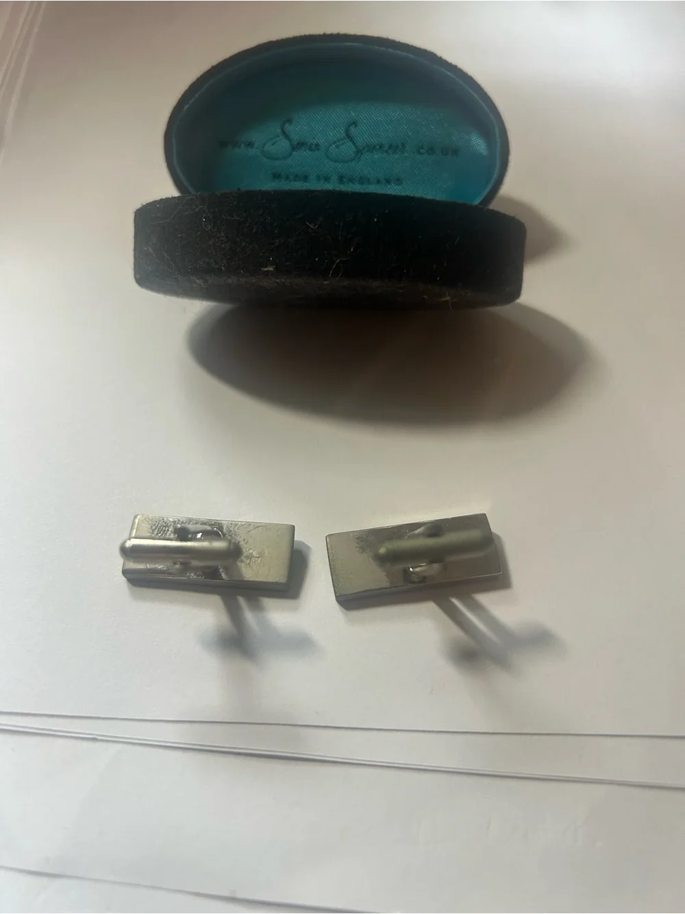 Sonia Spencer Bullet Back Cufflinks Mens Blue Enamel Rectangular Made in England